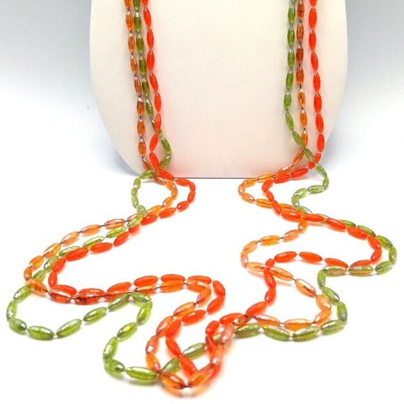 Vintage Long Three Strand Necklace, Light Green Orange Topaz Lucite, 1950s, 54" - Picture 6 of 7